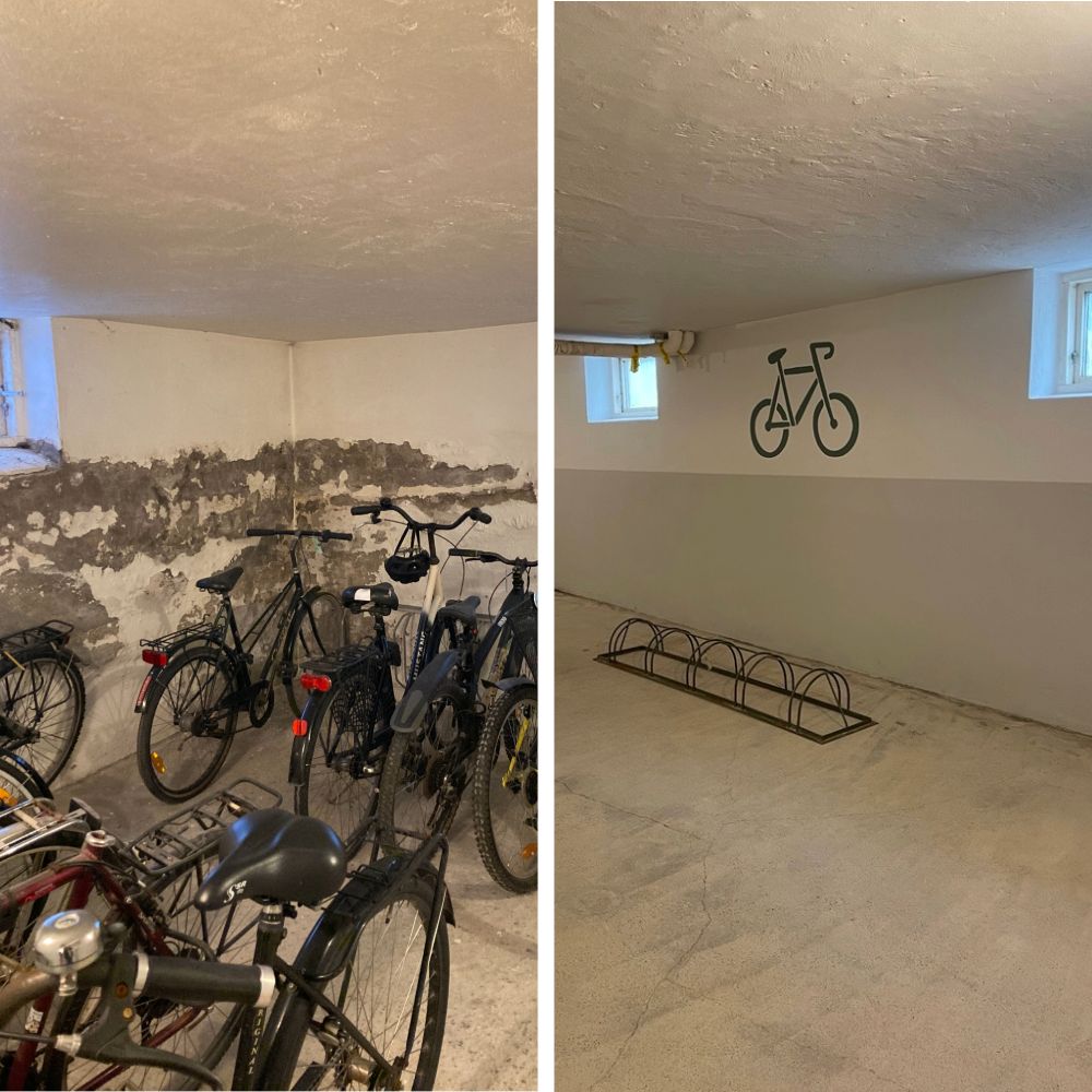 Cykelrummet i Standaret före och efter renoveringen. Till vänster syns cyklar och väggar med flagnande färg. Till höger syns nymålade väggar med ett cykelmotiv, ett tomt cykelställ och det slipade golvet.